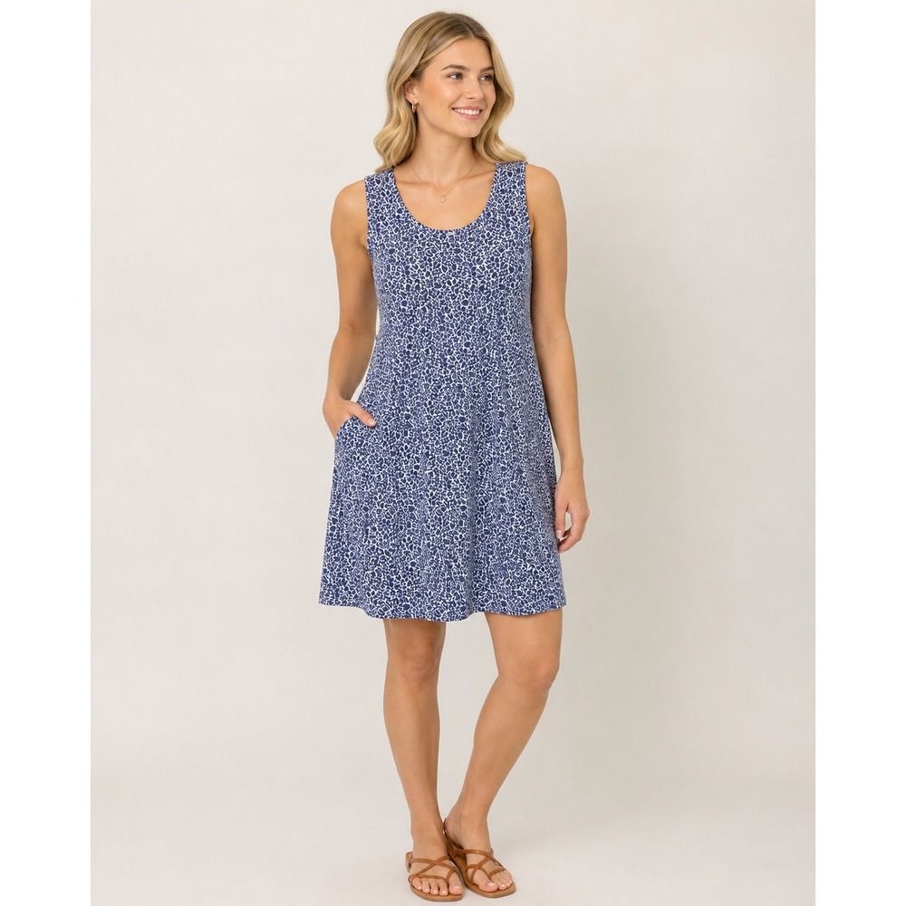 L.L. Bean Women Large Blue Floral Tank Active Dress Pockets Sleeveless 504874